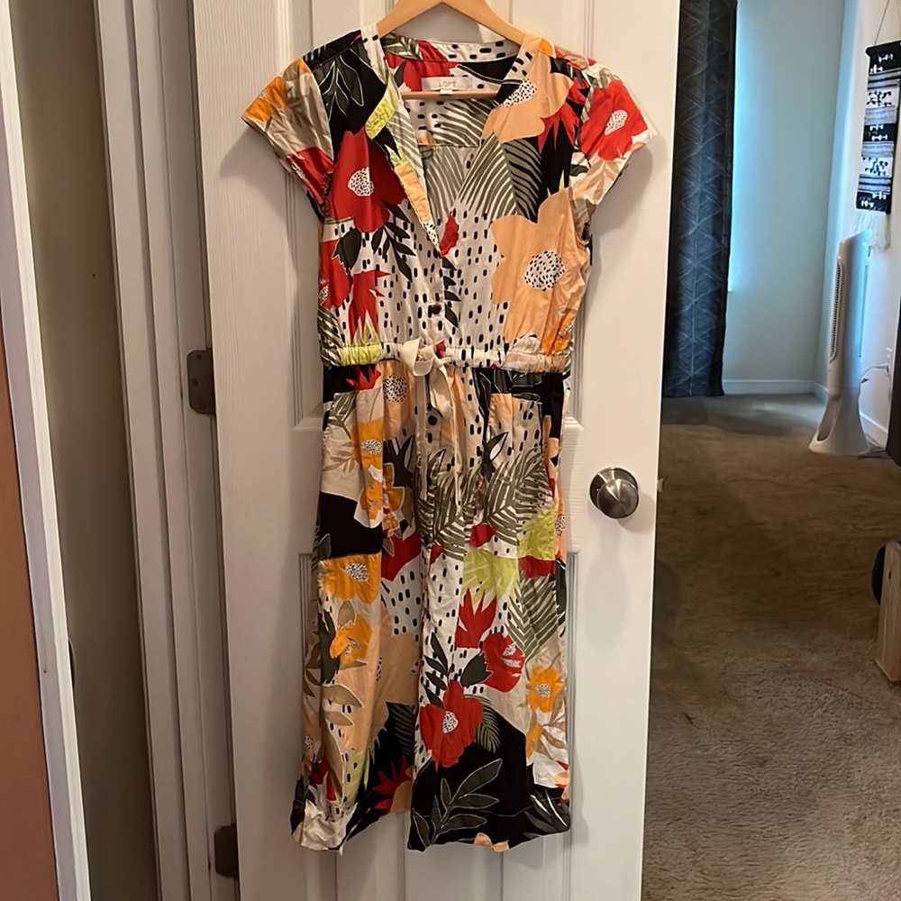 Loft Multicolored Floral Button Up Dress with Pockets